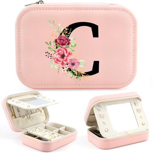 Tarklanda Joyero de Viaje con Inicial, Joyero Pequeño con Letra, Portátil Jewelry Organizer de Cuero PU, Caja de Joyería para Mujer, Personalizado Regalo para Niña, Mamá, Cumpleaños, Aniversario (C)
