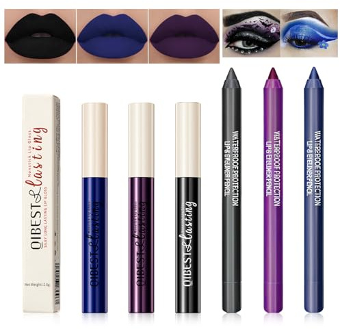 Likesing 6 Pezzi Rossetto Nero 3in1 Eyeliner Matita Occhi Marrone Nera Matita Labbra Set Lunga Durata Rossetti Colorati Ombretti Occhi Matitone Waterproof Lucidalabbra Opaco Lipgloss Donna Regalo