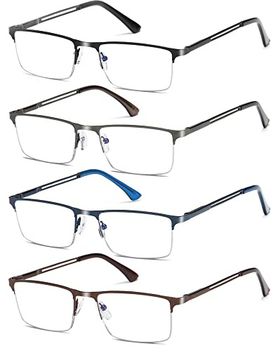 Fsread 4 Pack Half Frame Reading Glasses For Men Metal Frame Blue Light Blocking Mens Reader Lightweight Spring Hinge +2.5