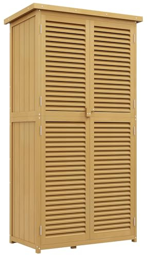 Outsunny Armario de jardín de madera, cobertizo con techo de asfalto, puerta de lamas, armario de jardín, 4 compartimentos, color amarillo claro, 87 x 46,5 x 160 cm