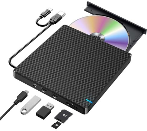 NOLYTH External CD/DVD Drive for Laptop: USB-C Slim CD Burner with SD TF 2 USB Ports - Plug & Play Portable DVD Player for Mac Macbook PC Windows 11/10