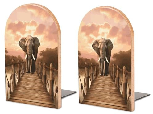 Große Elefant auf einer Brücke bedruckte Buchstützen (9,9 cm T x 11,9 cm B x 17 cm H), hergestellt aus Buchenholz und Metall für effiziente Organisation von Büchern im Büro, Bibliothek und Zuhause.