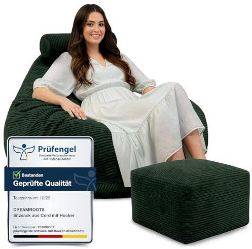 DreamRoots Sitzsack Erwachsene Cord 90x90x100 cm, Forest Symphony | Bean Bag Sofa, 90x90x100 cm, mit Hocker & Bezug, mit Füllung, waschbar, Teenager & Erwachsene