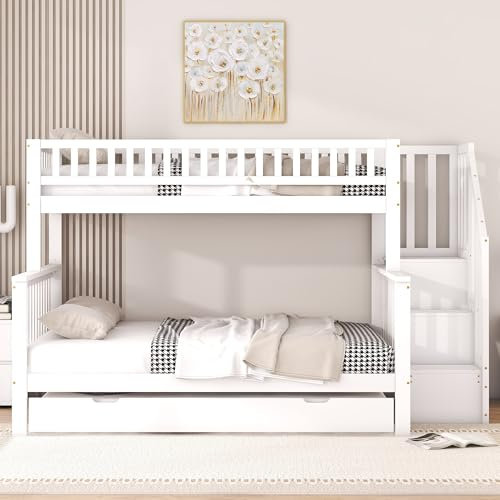 MSMOK Litera, cama con somier (sin colchón), cuna de pino, cama con cajón enrollable y escalera, color blanco