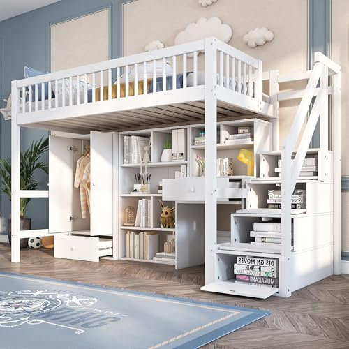 Arhatreya Hochbett 90x200 cm, Kinderbett mit Schreibtisch Treppe, Einzelbett mit Kleiderschrank, Holzbett mit Schließfächern, Massivholzbett für Kinder Jugendliche, Weiß(Ohne Matratze)