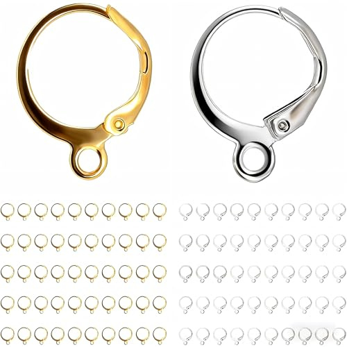 KATIMI 100 Pezzi Ganci per Orecchini a Leva in Acciaio Inossidabile Placcato Oro e Argento, Huggie Hoop Rotondi per Orecchini Fai da Te, Accessori per Creazione di Gioielli