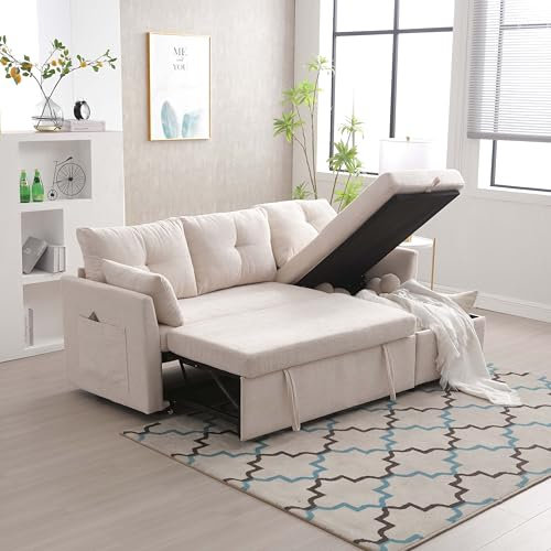 Sofá Cama 3 plazas, Sofá Esquina Moderno, Sofá con Espacio de Almacenaje, sofá en L con Chaiselongue Reversible, Sofá Beige con Cojines para Sala de estar, Habitación de Invitados, Tela de Chenilla