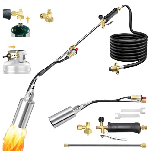 Propane Torch Weed Burner Kit, 2-in-1 Sectional 37.5 Extended No-Bend 1,800,000 BTU Heavy Duty Blow Torch Flamethrower with Auto-Ignition,10FT Hose & Multi-Tank Adapter for Weeding/Snow/Roof Asphalt