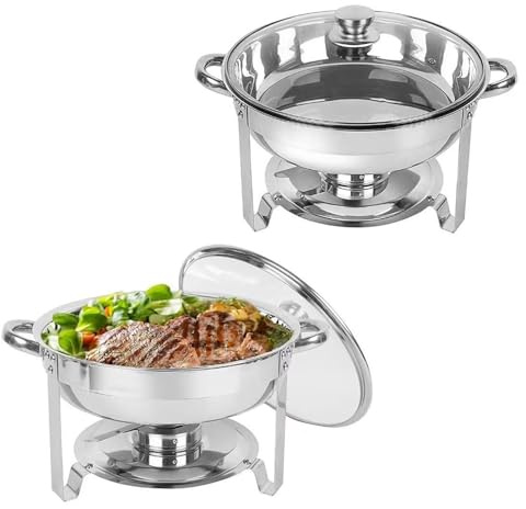 Chafing Disk Buffet Set, Chafing Disk Buffet Set med synligt glaslock, Rostfritt stål Runda Chafers Serveringsbuffévärmare for cateringfest Bröllop, Guld, 1Pack (Enfärgad, 2Pack)