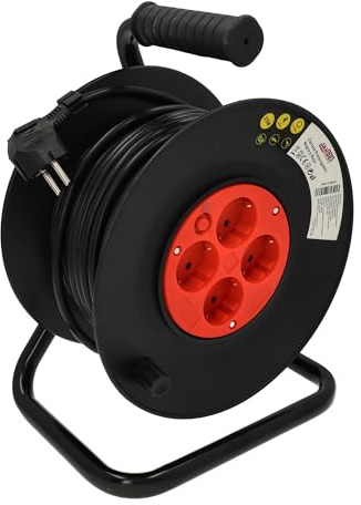 Jandei Enrollacables Carrete Prolongador Eléctrico, 25m, Negro y Rojo | Con Asa, 4 Tomas Schuko
