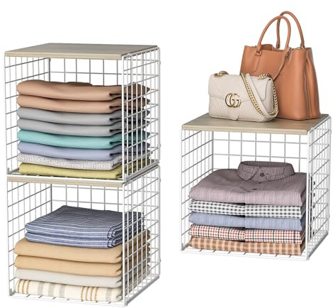 3PCS Stackable Closet Organizers and Storage, Closet Shelves with Wood Top Extra Storage, Clothes Storage Organizer Basket Bin/Cube for Home Wardrobe Organization(White-Sturdy Metal) Patent Pending