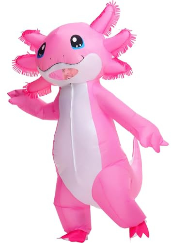 Poptrend uppblåsbar axolotl-kostym för vuxna, Axolotl halloweenkostymer för män kvinnor uppblåsbara kostymer, rolig maskeradfest (rosa)