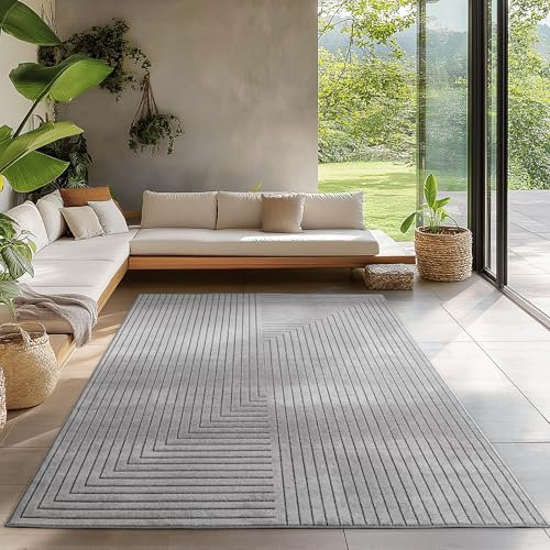 Carpetsale24 Alfombra para Salón, Dormitorio, Terraza - Pelo Corto Gris, Efecto Alto-Bajo, Suave y Lavable, Apta para Exterior, Fácil de Limpiar, 120x170 cm