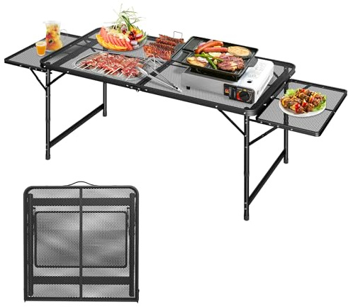FIVMEN Campingtisch Klappbar Klapptisch Höhenverstellbar Gartentisch Balkontisch Camping Tisch mit Verlängern Metallgitterplatte Faltbar Grilltisch Partytisch Wetterfest, 120x60 cm