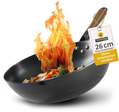 asiastreetfood Il wok perfetto, Ø 26 cm, robusto wok in acciaio al carbonio con fondo piatto, manico in legno, adatto per fornelli a gas, a induzione e in vetroceramica, senza bruciare piatti asiatici