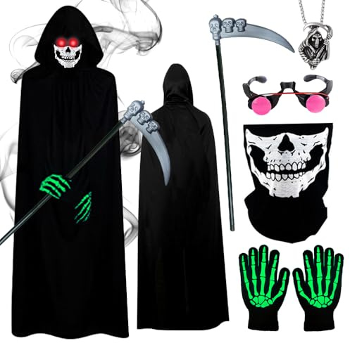 CLIUNT Costume da Triste Mietitore, Costume da Mietitore di Halloween, Costumes unisex Triste Mietitores, Costumes Halloween Bambino con Falce, Maschera, Guanti, per Carnevale