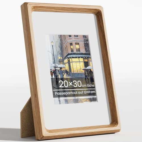 Feihorrm Bilderrahmen 20x30, Natürliches Eiche Fotorahmen mit Gehärtetem Glas, Handgefertigte 20x30cm Holzrahmen oder 12x17 cm-Fotos mit Passepartout, Wand oder Tisch für Collagen, Wanddekoration