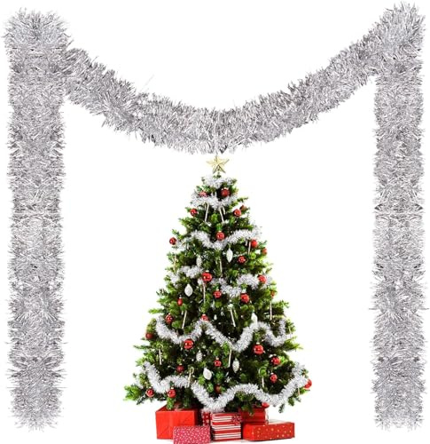 10 Stück x 2M Weihnachten Lametta Girlande, Lametta Girlande Weihnachtsgirlande, Glitzernd Gir-lande Weihnachten Innen-Und Außen für Weihnachtsbaum Weihnachtsfeier, Lametta Weihnachtsdekoration Silber