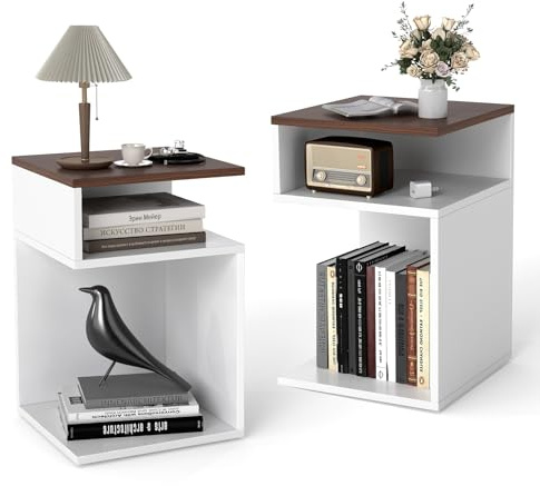 Table d'appoint en forme de S, table d'appoint de rangement à 3 niveaux avec compartiments ouverts et coussinets antidérapants, table de nuit moderne pour salon, chambre (blanc + noyer, 2)