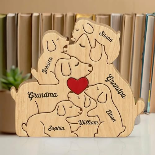 Drawelry Personalisierte Holz Katzenpuzzle Hundepuzzle Ornamente, mit 2-9 Familien Namen Gravur Hunde Katze Figur Statue Puzzle Tischdekoration, Muttertag Vatertag Geschenk für Mama Papa (Hunde-A)
