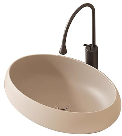 Lavabo de Salle de Bain, Vasque a Poser en Céramique avec Robinet, Vasque Ovale, pour Hôtels, Toilettes, Lavabos et Salles de Bain(Beige)