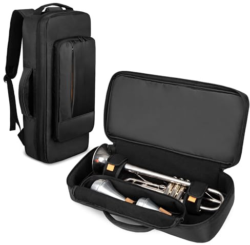 LoDrid Trompeten Rucksack, Tasche für Musikinstrument mit dickem Baumwollfutter, Separate Fach für 2 Dämpfer, 2 Tragemöglichkeiten, Schwarz (Nur Tasche)