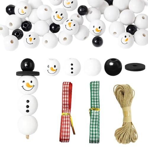 YyiFcg 53 Stück Basteln Weihnachten Kinder, Bastelset Weihnachten mit Holzperlen, Schneemann-Köpfen und Bändern, DIY Weihnachtsdeko für Familien und Kinder, Weihnachtsbasteln mit Zubehör ﻿