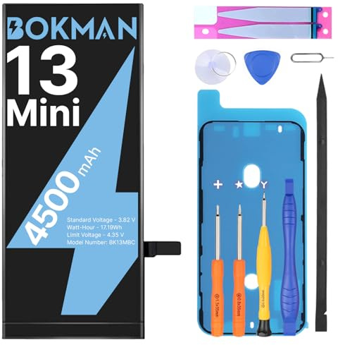 bokman Batteria per iPhone 13 Mini 4500mAh ad Alta Capacità con Strumenti di Riparazione