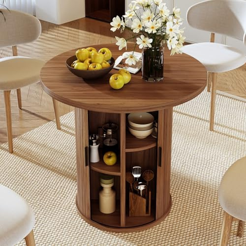 Hawthyhome Runder Esstisch 80cm mit Stauraum, Holz Esszimmertisch aus für 2-4 Personen, Moderner Küchentisch mit Schiebetür & Lamellen-Optik, Rundtisch für Wohnzimmer & Küche, [Walnuss]