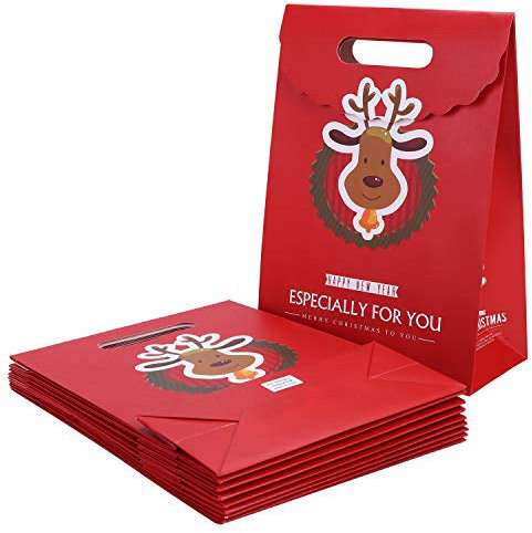10 sacchetti regalo natalizi, di carta, con manico, riciclabili, per contenere regali, dolciumi, caramelle, come gadget per feste L:24x10x32cm(9.4x3.9x12.5inch) Renna