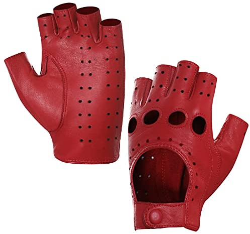 Harssidanzar Damen Lammfell Leder Fingerlose Handschuhe Ungefüttert Half Finger Driving GL012,Rosa,Größe L