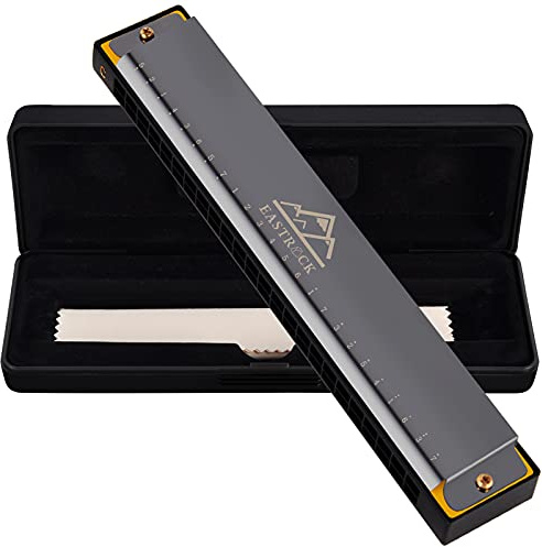 EastRock Harmonika, 24 Löcher, 48 Melodien, Blues-Mundharmonika, Tonart C, Mundharmonika für Anfänger, Erwachsene, Kinder, als Geschenk, inkl. Etui und Reinigungstuch, Tiefschwarz