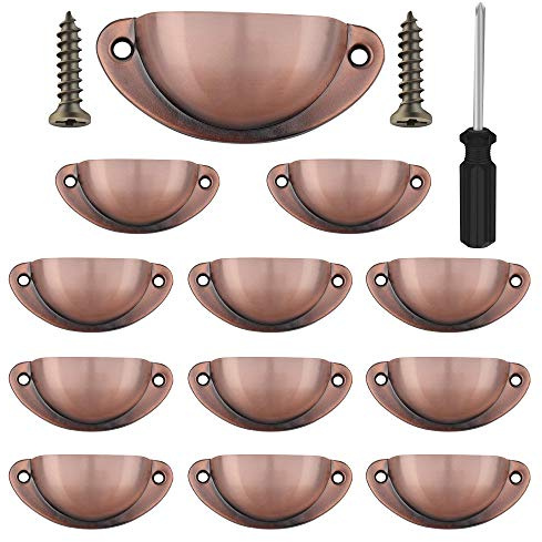 Vandicka 12 Stück Traditionelle Halbrunde Muschelgriffe für Schrank, Kommode, Kleiderschrank, Schublade, mit Schrauben und Schraubendreher, 8,1 cm Lang (Lochmitte 6,5 cm), Kupfer