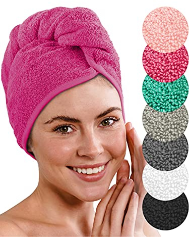 LAYNENBURG Lyxig turbanhandduk i 2 delar med knapp för kort och långt hår - 100 % bomull - snabbtorkande och absorberande turban (fuchsia)