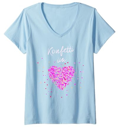 Damen Konfetti im Herzen Fasching Karneval Konfetti Kostüm Outfit T-Shirt mit V-Ausschnitt