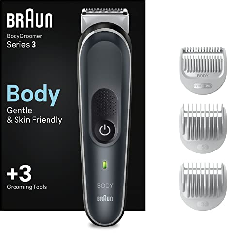 Braun Bodygroomer 3, Körperpflege- und Haarentfernung für Herren, mit SkinShield-Technologie, Sensitiv-Kammaufsatz, lebenslang scharfe Metallklinge, BG3350, schwarz/grau