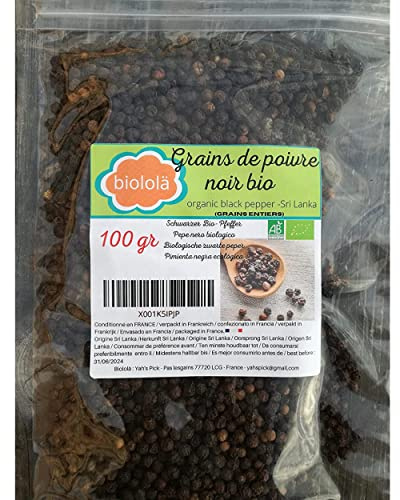 Biololä Grains de poivre noir Bio 100 gr, assaisonnez, épicez vos plats, en sachet zip refermable – Tout type de cuisine - Convient pour moulins à poivre – Origine Sri Lanka – qualité premium.