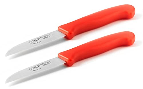 HEISO Schälmesser 2er Set - Scharfe Küchenmesser aus rostfreiem Stahl mit rotem Kunststoffgriff - Gemüsemesser Made in Solingen“ - mit kostenlosem Nachschleifservice