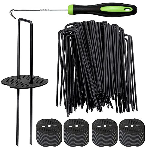Bakulyor 100 Black Weed Control Membrane Pegs + 100 Buffer Washer, 6/150mm Garden Pegs, Metal Ground Landscape Staples Artificial Grass Pins Ground Cover Matting Fabric Artificial Barrier Stakes