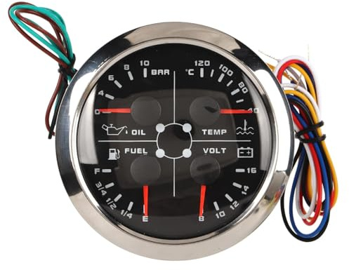 Keenso Kraftstoffstandsanzeige, 4in1 85 Mm Anzeige Multifunktions-Kraftstoffstand Öldruck Wassertemperatur Voltmeter DC 8 Bis 16 V für Auto Wohnmobil Boot Motorrad (Schwarz °C/BAR)