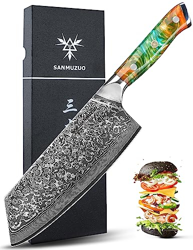 SANMUZUO Coltello Nakiri Professionale - Coltello da Cucina 19 cm, Coltello da Chef Acciaio Damasco da 67 Strati- Impugnatura Ergonomica Resina - Xuan Series(Fantasia Arancione)
