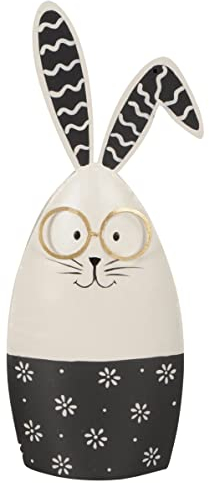 dekorativer niedlicher Osterhase als ovales Ei mit Goldener Nickelbrille und gestreiften Langen Ohren Metall schwarz weiß mit Blümchen (Auswahl weiß) oder Kringeln (Auswahl schwarz) (Weiß)
