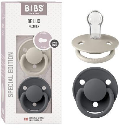 BIBS De Lux Soother 2-Pack, BPA Free Dummy Pacifier, Round Nipple. Silicone, Made in Denmark. 0-36 Months (Pack of 2), Sand/Iron