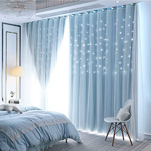 iyoimono 2er Set Vorhänge Sternen Mädchen Verdunkelung Voile Gardinen mit Ösen Blau Vorhänge Farbverlauf Blickdicht für Kinderzimmer Schlafzimmer Wohnzimmer 243 × 132cm (H × B)