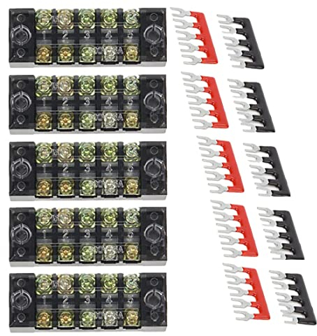 Yisanba 15pcs Dual Row 5 Position Screw Terminal Block 600V 15A - Pre-Insulated Barrier Strip with Clear Cover (Red & Black Terminals Included)