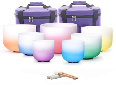Hye-eun 7-12 tum gradient kristall sjungande skål set 432 hz meditation helande | 7 st färgad kvarts sjungskål set ljud badskål med bärväska yoga ljud energi helande balans musikinstrument