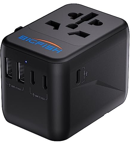 Bigfish Universal Travel Adapter with USB C PD 35W Fast Charging(C3 Port), Worldwide Travel Plug Adapter with 5 USB(2A + 3C), Dual 10A Fuses International Travel Adapter - EU UK US AUS Plugs