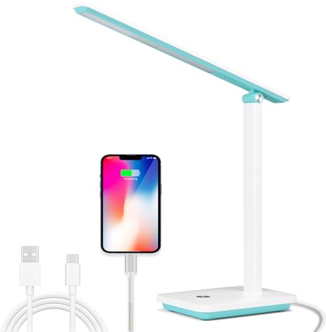 Aigostar schreibtischlampe LED dimmbar, faltbare kinder tischlampe, 3 modi, 4 helligkeitsstufen, usb und typ-c anschlüsse, 100cm USB-C kabel, speicherfunktion, touch-steuerung, weiß grün