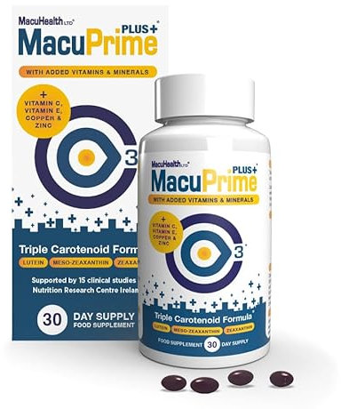 MacuPrime Plus+ Eye Health Supplements – Food Supplement Helps Maintain Normal Vision – Lutein, Meso-Zeaxanthin & Zeaxanthin, 120 Capsules – 1 Month Supply