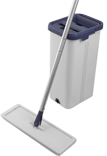 Beldray LA030223FEU7 Deep Clean Flat Mop & Bucket Set, Dual Compartment Self-Wringing Dirt Scraper 5.5L Bucket, Washable/Reusable Microfibre Head, Wood/Vinyl/Tile Hard Floor Cleaning